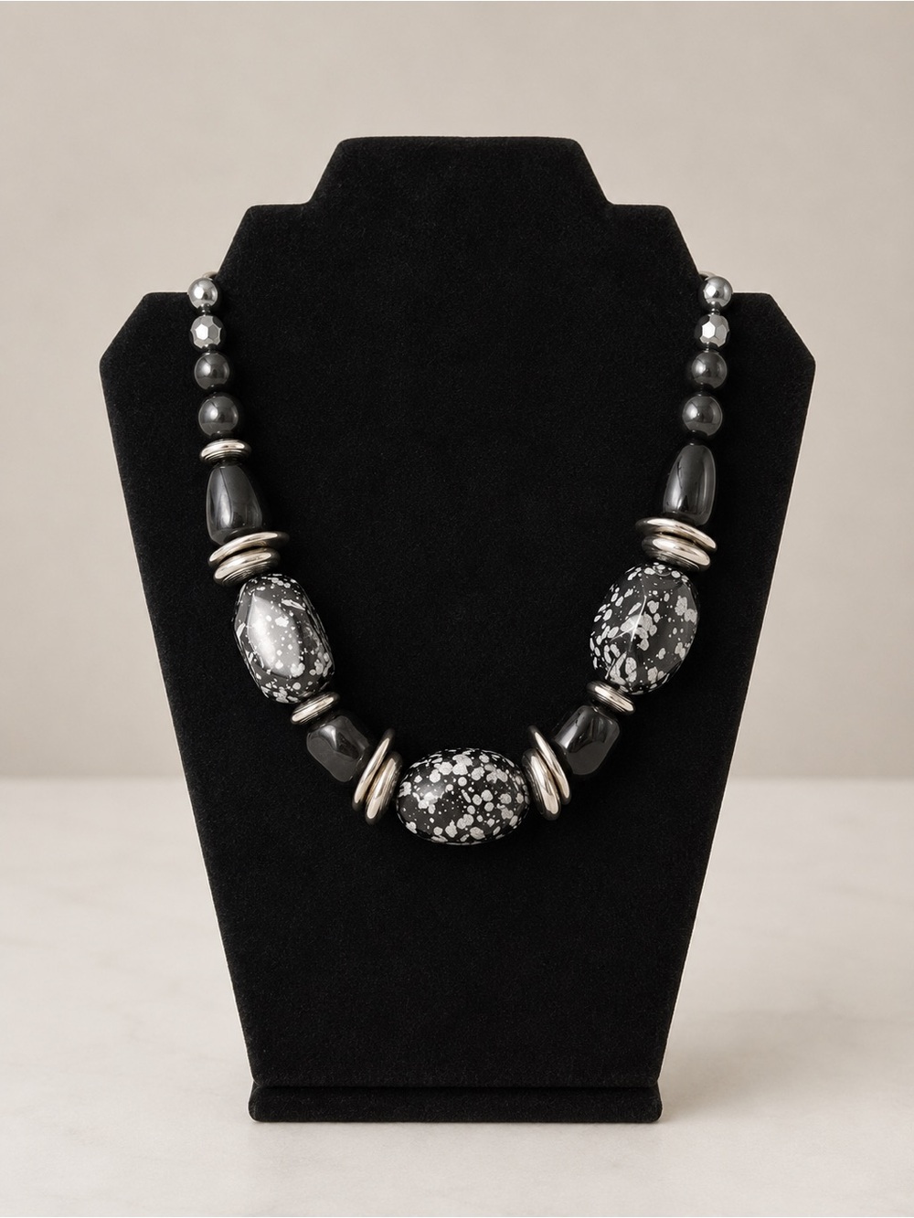 Black Silver Tone Chunky Beaded Statement Necklace Splatter Design